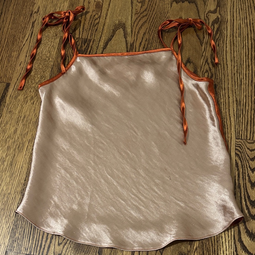 Topshop Satin Tie-Shoulder Cami Tank - Blush with Rust Trim